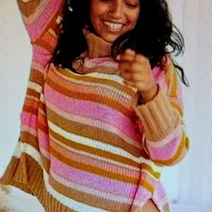 Aerie pink multicolored sunset striped slouchy chenille turtleneck sweater, XS